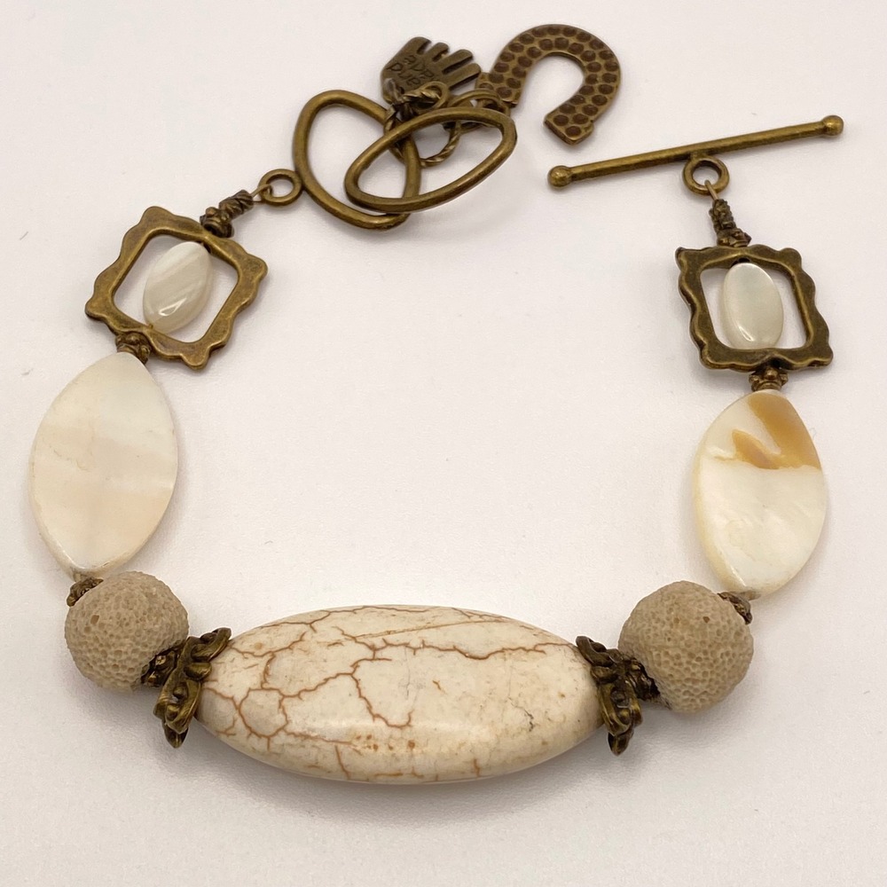 Vintage Handmade Bracelet Mixed Stone Shell Brass Boho Cream Tan 7.5 Inch